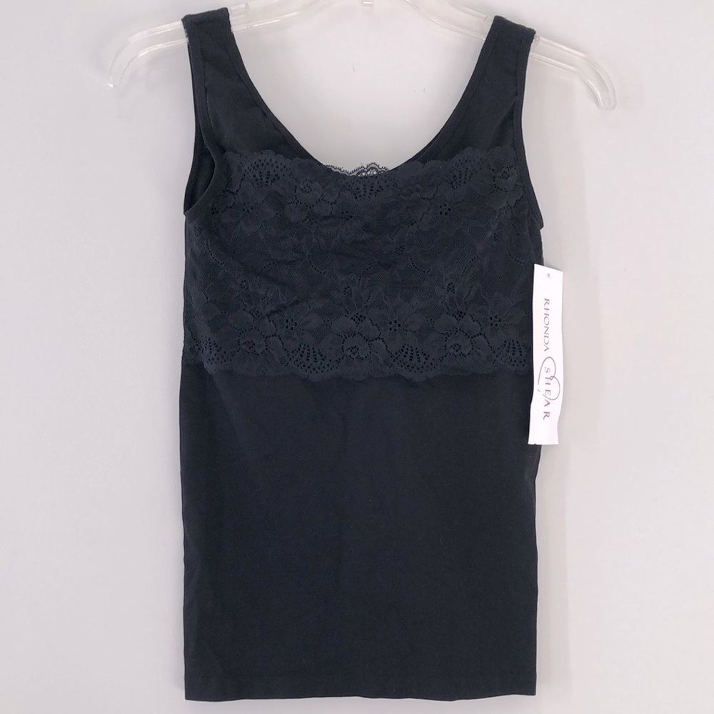 Rhonda Shear- Lace Overlay Seamless Tank with bra shelf. Black tank. Si…